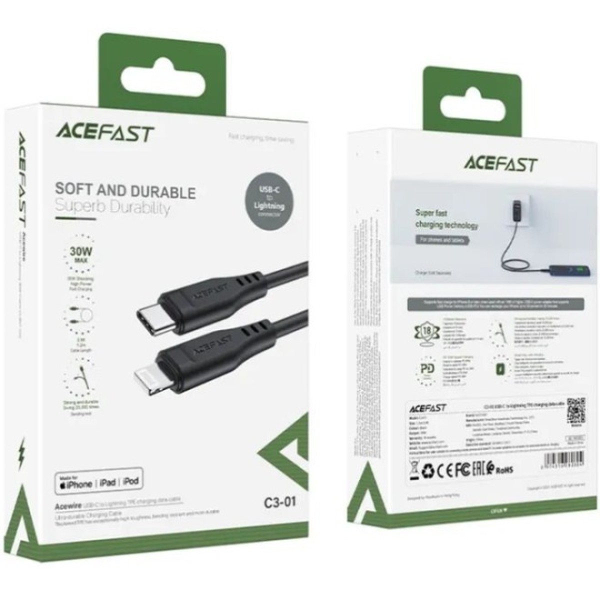Дата кабель USB-C to Lightning 1.2m 3.0A TPE C3-01 Black Acefast (6974316280804) 98_98.jpg - фото 3