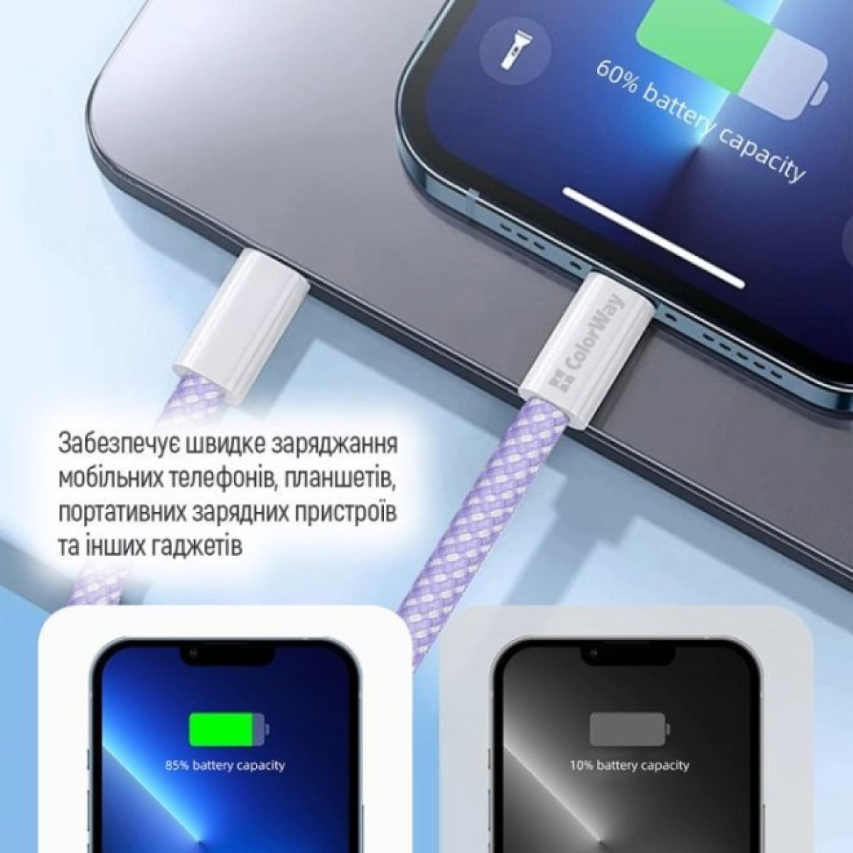 Дата кабель USB-C to USB-C 1.0m 60W 3.0А purple ColorWay (CW-CBPDCC061-PU) 98_98.jpg - фото 5
