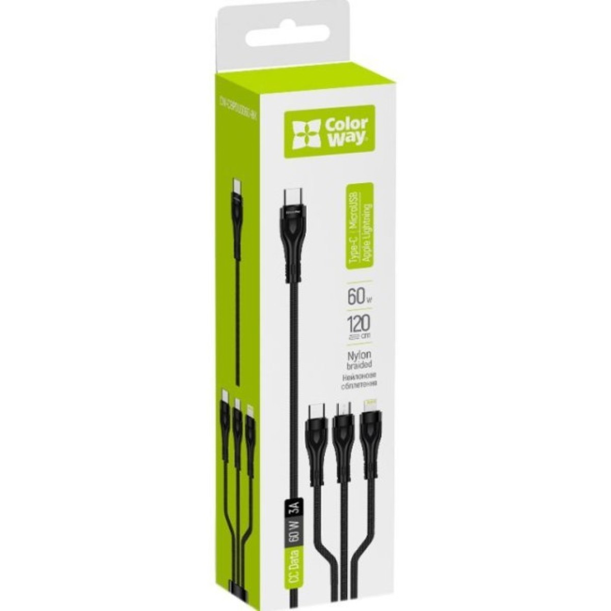 Дата кабель USB 2.0 AM to Lightning + Micro 5P + Type-C 1.2m 3.0A (PD60W data) Black ColorWay (CW-CBPDU3060-BK) 98_98.jpg - фото 9