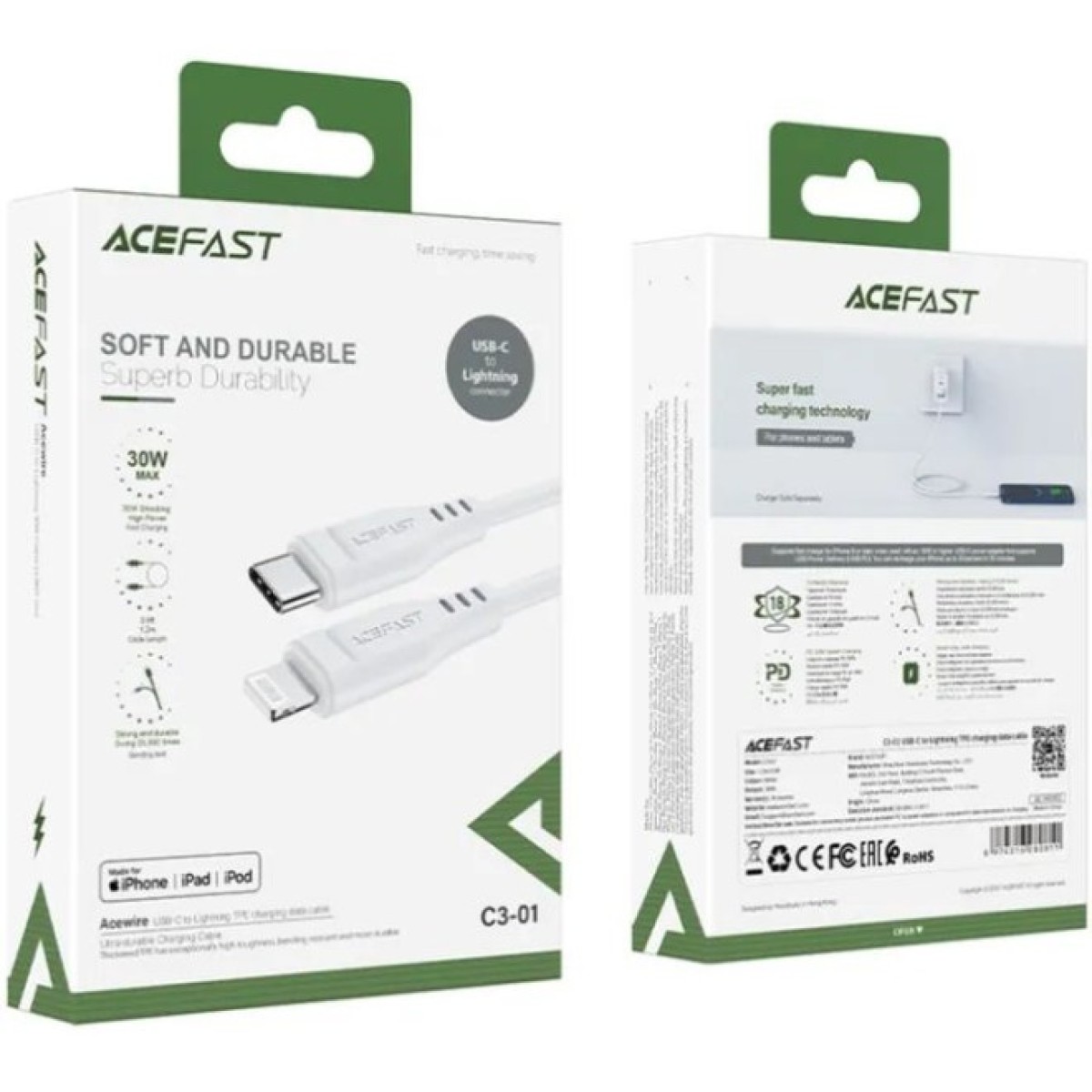 Дата кабель USB-C to Lightning 1.2m 3.0A TPE C3-01 White Acefast (6974316280811) 98_98.jpg - фото 2