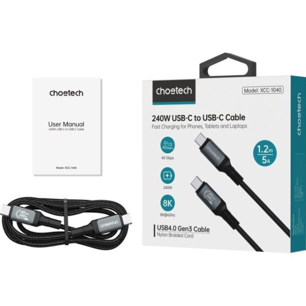 Дата кабель USB-C to USB-C 1.2m USB4.0 Gen3 240W (8K HDR) Choetech (XCC-1040-GY) 98_98.jpg - фото 11