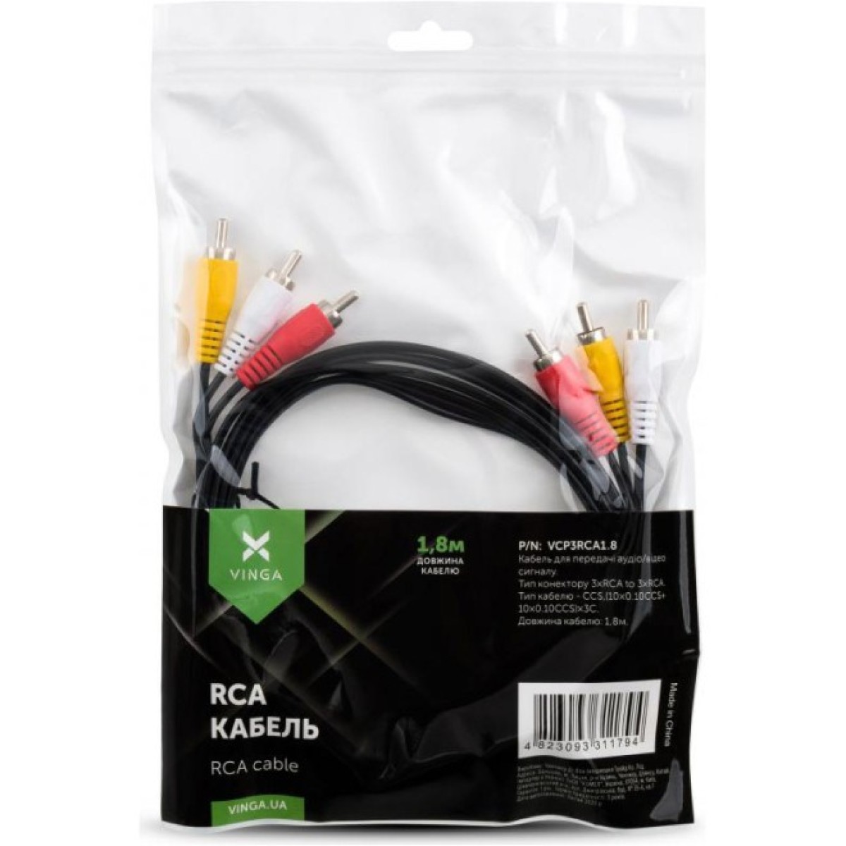 Кабель мультимедийный 3RCA to 3RCA 1.8m Vinga (VCP3RCA1.8) 98_98.jpg - фото 3
