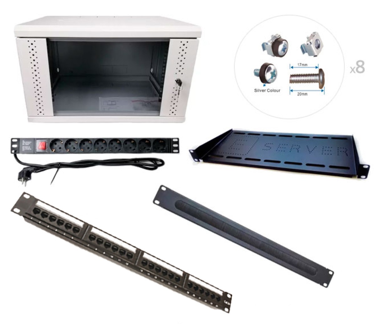 Комплект Шкаф 6U серый, патч-панель, блок розеток, организатор кабеля, полка - фото 1