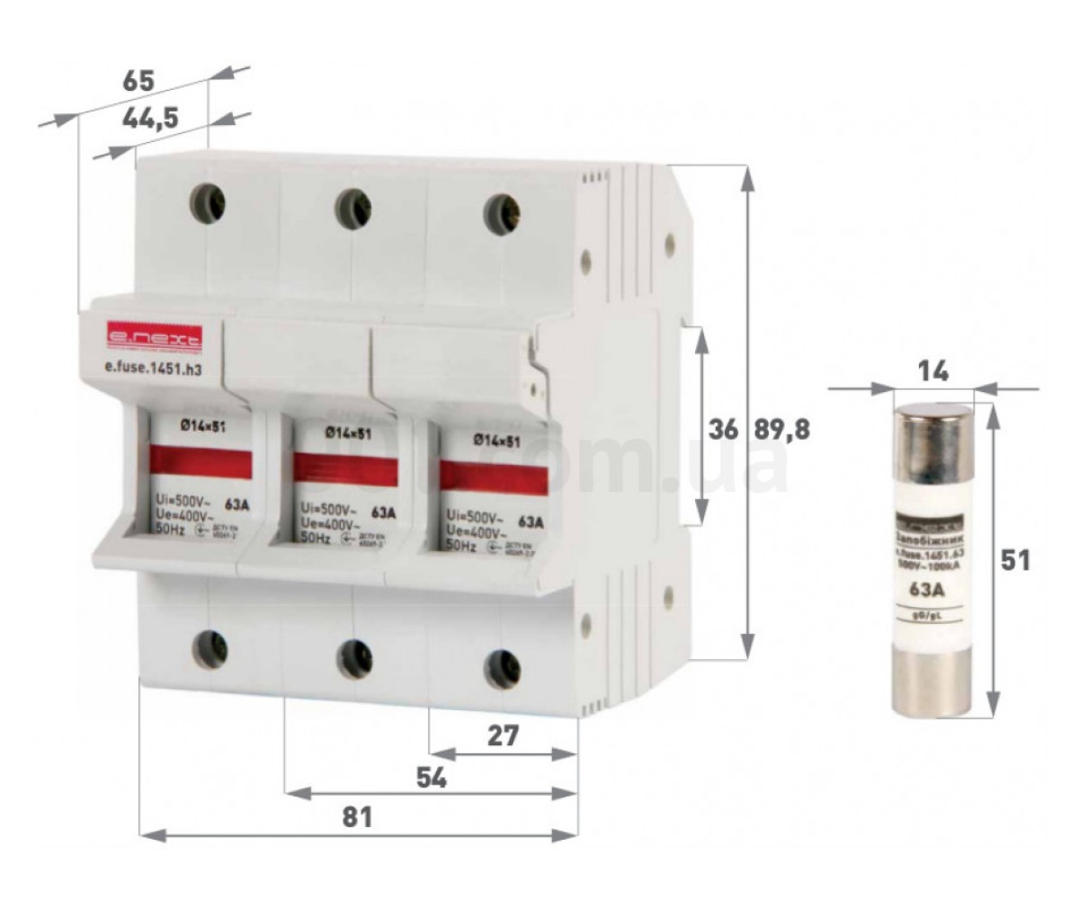 Тримач плавкого запобіжника 14×51 мм на DIN-рейку з індикацією e.fuse.1451.h3, 3P 63 А, E.NEXT 98_83.jpg - фото 3